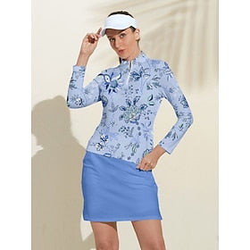 Women's Golf Polo Shirt Blue Long Sleeve Sun Protection Top Floral Fall Winter Ladies Golf Attire Clothes Outfits Wear Apparel