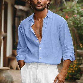Homens Camisa Social camisa de linho Azul Manga Longa Côr Sólida Gola Dobrada Primavera Verão Rua Diário Roupa
