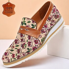 Homens Mocassins e Slip-Ons Imprimir sapatos Penny Loafers Mocassins Clássicos Couro Couro de grão integral italiano Confortável Antiderrapante Mocassim Marron