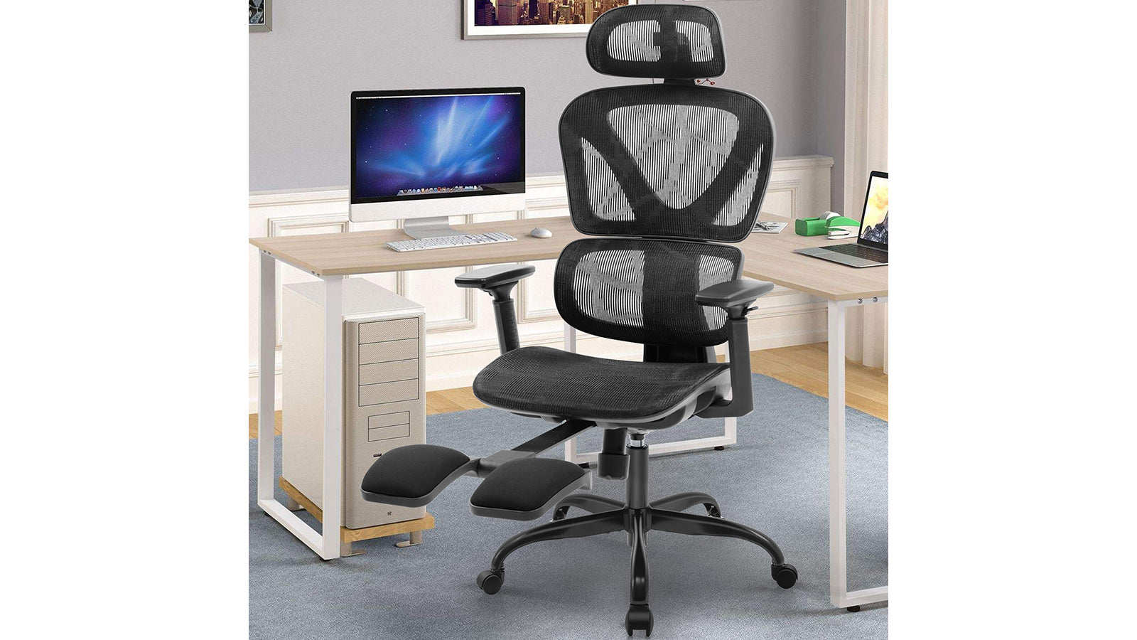 KERDOM FelixKing Ergonomic Chair: Breathable Mesh Cushion Black - G - Footrest
