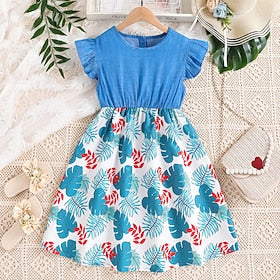 Infantil Para Meninas Vestido Floral Sem Manga Formal Casual Patchwork Moda Diário Poliéster Altura dos Joelhos Verão 7-13 anos Azul