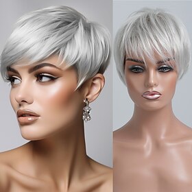 Human Hair Blend Wig Short Straight Natural Straight Pixie Cut Side Part Layered Haircut Asymmetrical White Brown Cosplay Curler  straightener Natural Hairline