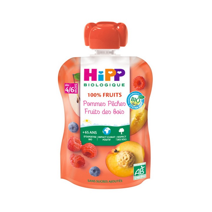 Hipp 100 % Frucht – Äpfel, Pfirsiche, Beeren, Wasserflasche – ab 6 Monaten – BIO, 90 g