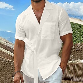 Homens Camisa Social camisa de linho camisa de verão Roupa de Praia camisa de botão Preto Branco cáqui Manga Curta Tecido Colarinho Verão Primavera Casual Diár