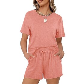 Women's Loungewear Sets Nighty 2 Pieces Pure Color Simple Comfort Home Street Cotton Crew Neck Short Sleeve T shirt Tee Shorts Spring Summer Green Blue