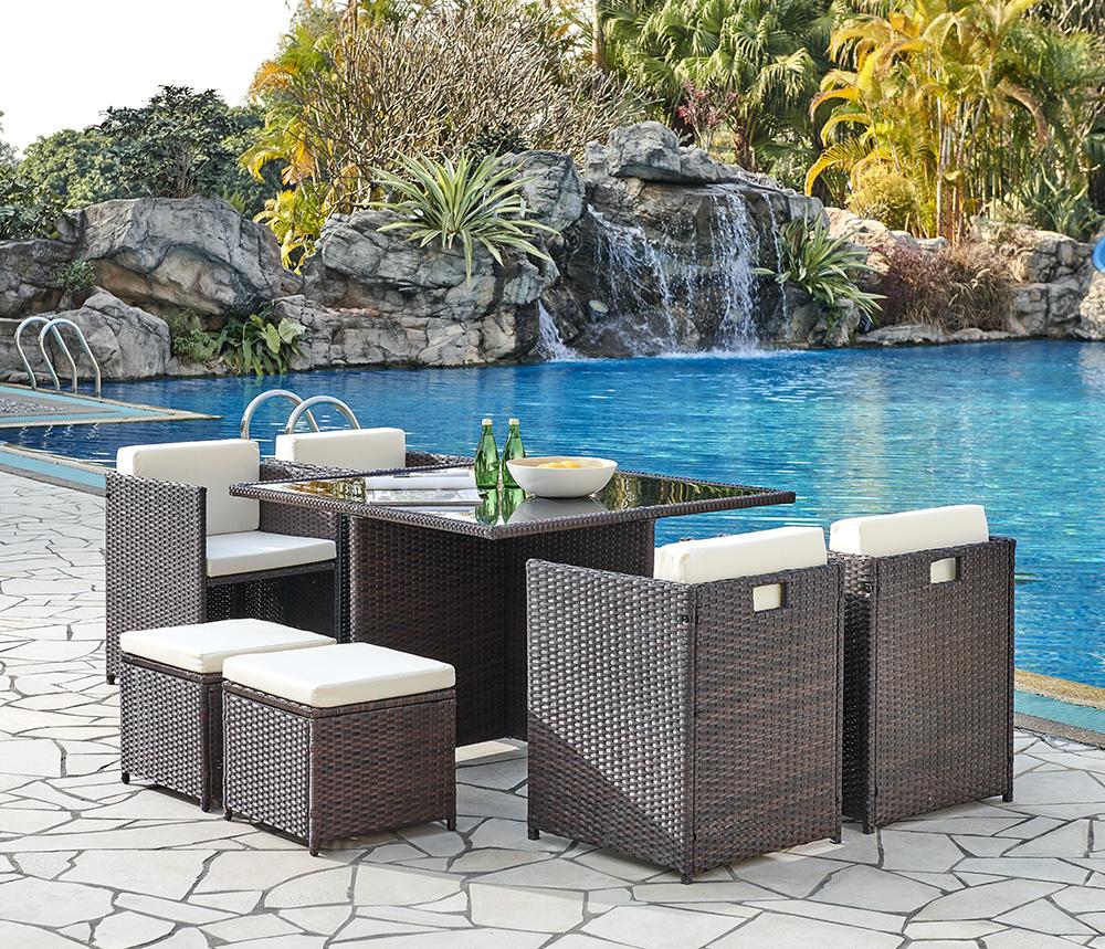 Cube Rattan Garden Furniture 9 Piece Set with Free Cover Included, Brown