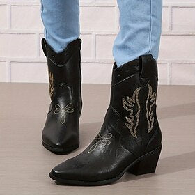 Botas femininas botas de cowgirl botas de cano médio ocidental botas de tornozelo botas de salto cubano apontou dedo do pé falso couro zíper preto vinho marrom