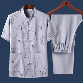 Homens Ternos-Camiseta Conjuntos de camisa e calça Roupas de 2 peças Folha Colarinho Clerical Roupa Diária Férias Manga Curta 2 Peças Roupa Linho Moda Estilo C