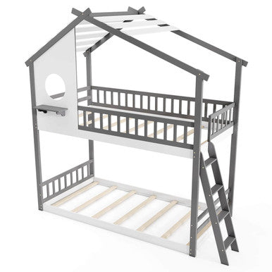 Twin-over-Twin House Bunk Bed with Roof Ladder