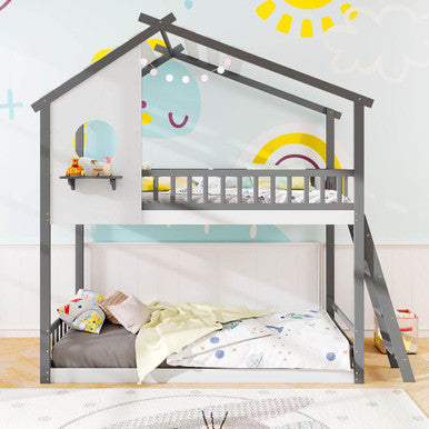 Twin-over-Twin House Bunk Bed with Roof Ladder