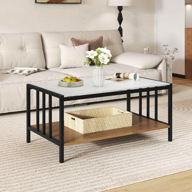 2-Tier Rectangular Coffee Table with Rock Slab Tabletop