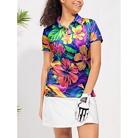 Women's Golf Polo Shirt Red Short Sleeve Sun Protection Top Floral Ladies Golf Attire Clothes Outfits Wear Apparel