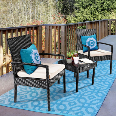 3-Piece Black Rattan Wicker Patio Furniture Set with Cushions