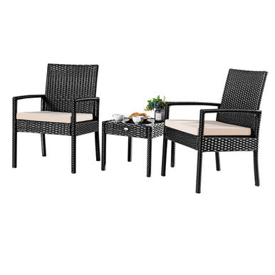 3-Piece Black Rattan Wicker Patio Furniture Set with Cushions