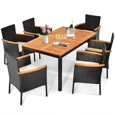 7-Piece Rattan Patio Dining Set with Stackable Chairs & Umbrella Hole
