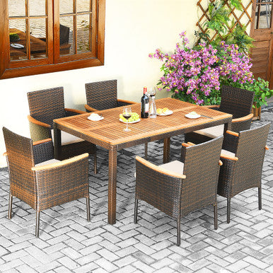 7-Piece Rattan Patio Dining Set with Stackable Chairs & Umbrella Hole