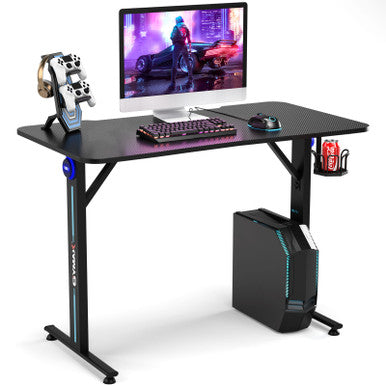 Home Office PC Gaming Desk with LED Light & Handle Rack