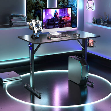 Home Office PC Gaming Desk with LED Light & Handle Rack