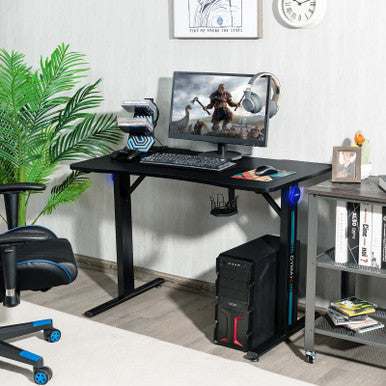 Home Office PC Gaming Desk with LED Light & Handle Rack