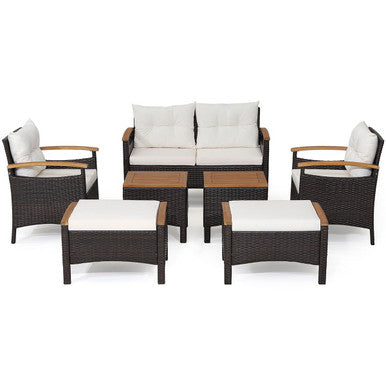 7-Piece Rattan Patio Sofa Set with Acacia Wood Tabletop & Armrests