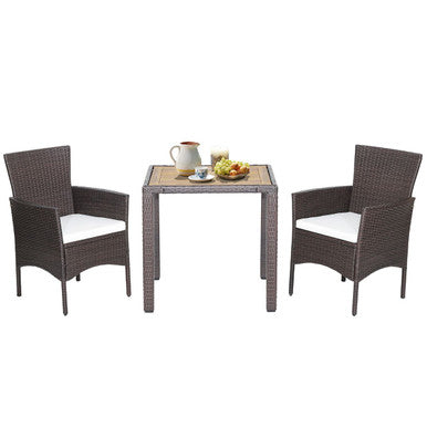 3-Piece Patio Wicker Furniture Set with Acacia Wood Tabletop & Chair Cushions
