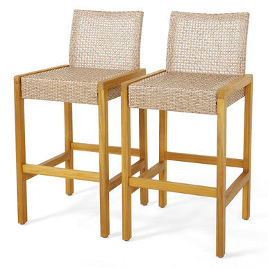 Rattan Patio Wood Barstools Dining Chairs with Backrest (Set of 2)