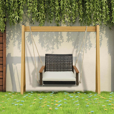 Single Rattan Porch Swing with Armrests, Cushion, & Hanging Ropes