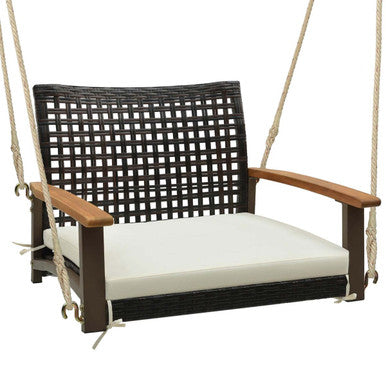 Single Rattan Porch Swing with Armrests, Cushion, & Hanging Ropes