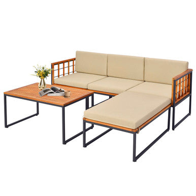 5-Piece Acacia Wood Patio Furniture Set with Coffee Table & Ottoman