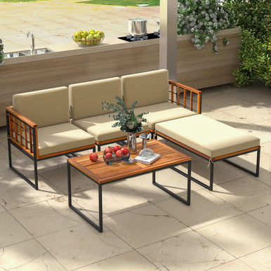 5-Piece Acacia Wood Patio Furniture Set with Coffee Table & Ottoman