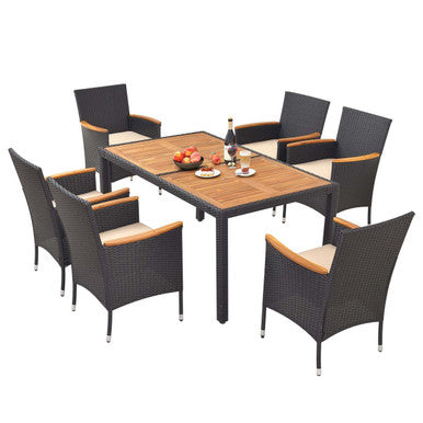 7-Piece Patio Rattan Dining Set with Umbrella Hole & Cushioned Armchairs