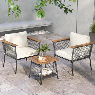 3-Piece Patio Furniture Set with 2-Tier Acacia Wood Coffee Table