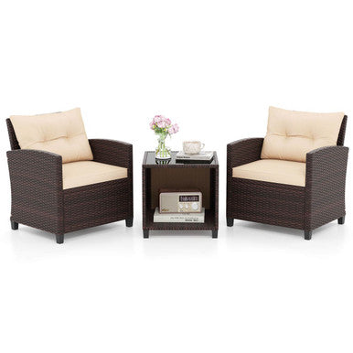 3-Piece Patio Sofa Set with Tempered Glass Tabletop
