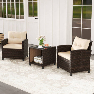 3-Piece Patio Sofa Set with Tempered Glass Tabletop