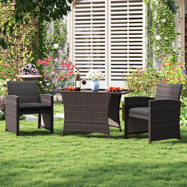 3-Piece Wicker Bistro Set with Tempered Glass Tabletop