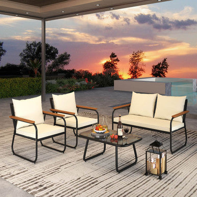 Patio Furniture Set with Tempered Glass Tabletop and Removable Cushions - 8-Piece