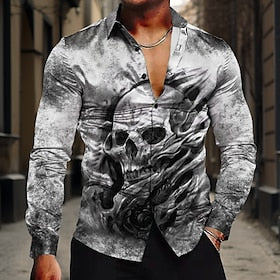 Caveiras Casual Escuro Homens Camisa Social Formal Verão Primavera Outono Aberto para a Lateral Manga Longa Cinzento S, M, L Cetim Seda artificial Camisa