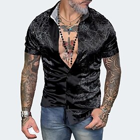 Business casual Homens Camisa Social Feriado Verão Primavera Aberto para a Lateral Manga Curta Preto S, M, L Cetim Seda artificial Camisa