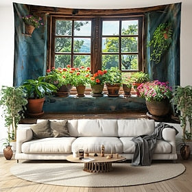 Window View Hanging Tapestry Wall Art Large Tapestry Mural Decor Photograph Backdrop Blanket Curtain Home Bedroom Living Room Decoration Pottage Farmhouse Cott