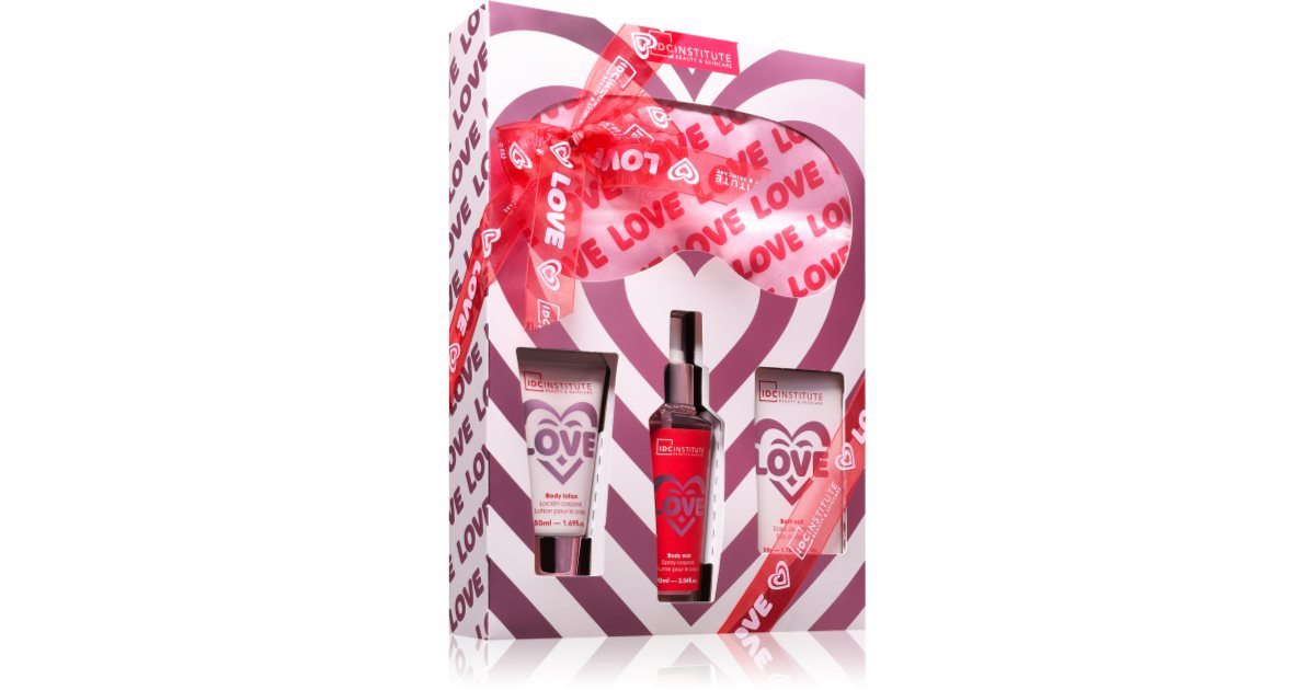 IDC Institute In Love gavesett for kvinner Nattmaske + fuktighetsgivende kroppsmelk 50 ml + fuktighetsgivende kroppsspray 90 ml + badesalt 50 g