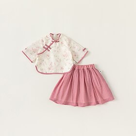 2 Peças Infantil Para Meninas Gráfico Ternos Conjunto Manga Curta Vintage Espetáculo 3-7 anos Verão Rosa