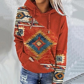 Women's Hoodie Sweatshirt Pullover Geometric Vintage Ethnic Street Casual Front Pocket Red Blue Green Vintage Ethnic Neon  Bright Hoodie Long Sleeve Top Micro-