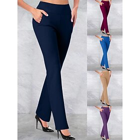 Women's Dress Work Casual Pants Trousers Straight Full Length Pocket Stretchy Trousers  Daily Black Wine S M