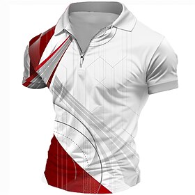 Gradient Lines - Waves Men's Sportswear Print Zip Polo Party Outdoor Street Polyester Short Sleeve Turndown Polo Shirts Red Summer Spring S M L Lapel Polo
