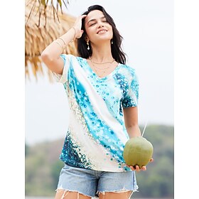 Dame T-shirt Grafisk Stribe Glitterskin Trykt mønster Afslappet Ferie Weekend Skinnende Kortærmet V-hals Blå