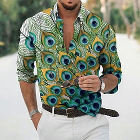 Men's Shirt Graphic Shirt Feather Stand Collar Black White Black - Green Yellow Army Green 3D Print Outdoor Casual Long Sleeve 3D Print Button-Down Clothing Ap