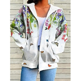 Women's Hoodie Jacket Breathable Comfortable Outdoor Street Sport Print Pocket Drawstring Zipper Hoodie Sports Daily Casual Floral Regular Fit Outerwear Long S