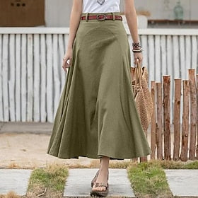 Women's Skirt Long Skirt Maxi Skirts Solid Colored Casual Daily All Seasons Linen Cotton And Linen Fashion Black khaki Army Green