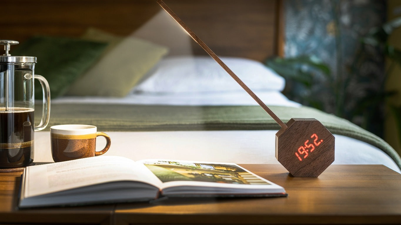 Gingko Design Octagon One Plus Portable Alarm Clock Desk Light Walnut
