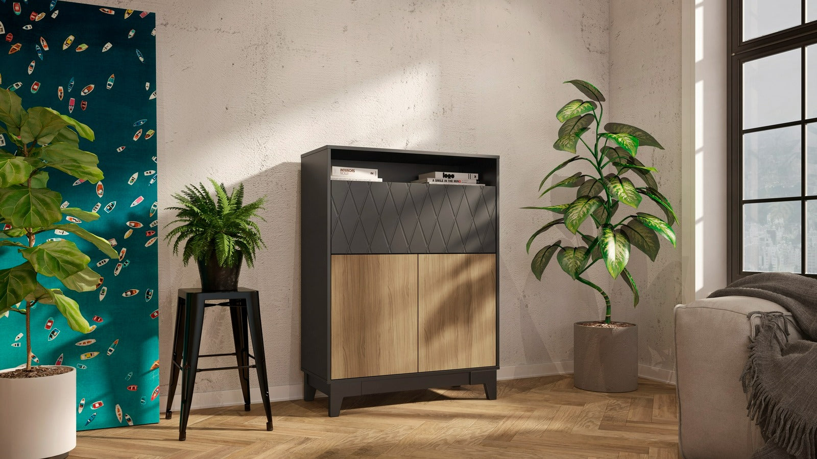 Nexera Boss Secretary Desk Black laminate, Black melamine casing & panel, Nutmeg laminate doors